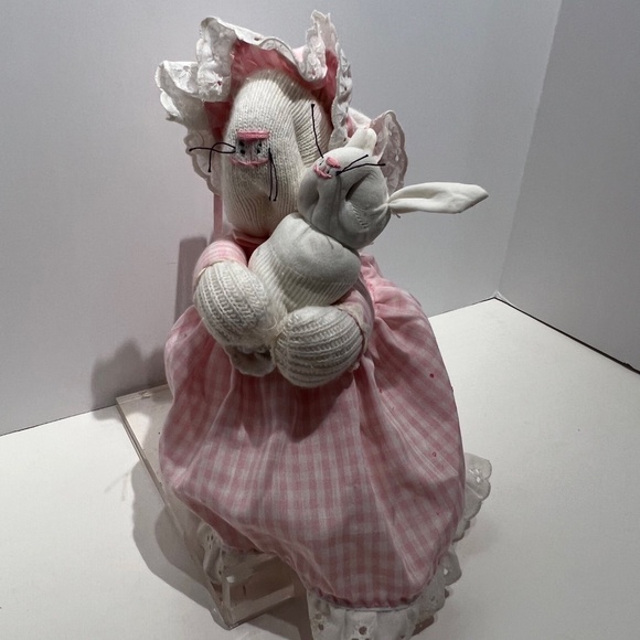 Vintage Handcrafted Socks and Pink Gingham Bunny Mommy and Baby Bunny - Picture 6 of 13